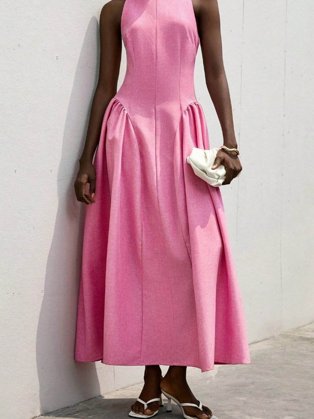 Pink Casual Women's Elegant Sleeveless Tie-Waist Pleated Flare Dress - Picture 5 of 5